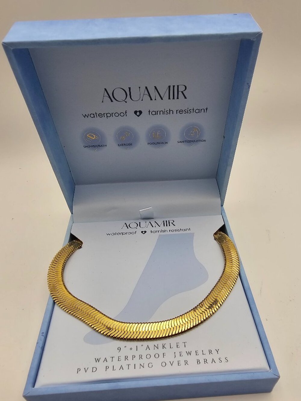 Aquamir Waterproof Anklet Gold Herringbone Chain Tarnish Resistant PVD Plated 9”